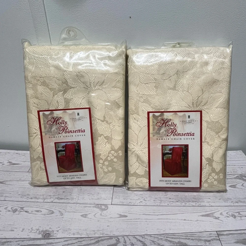 Brownstone Gallery Holly Poinsettia Damask Chair Covers Set of 2 Ivory Cream NEW